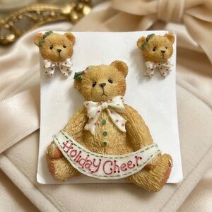 Vintage Brown Bear Brooch Pin with Matching Earrings Set Holiday Cheer Christmas